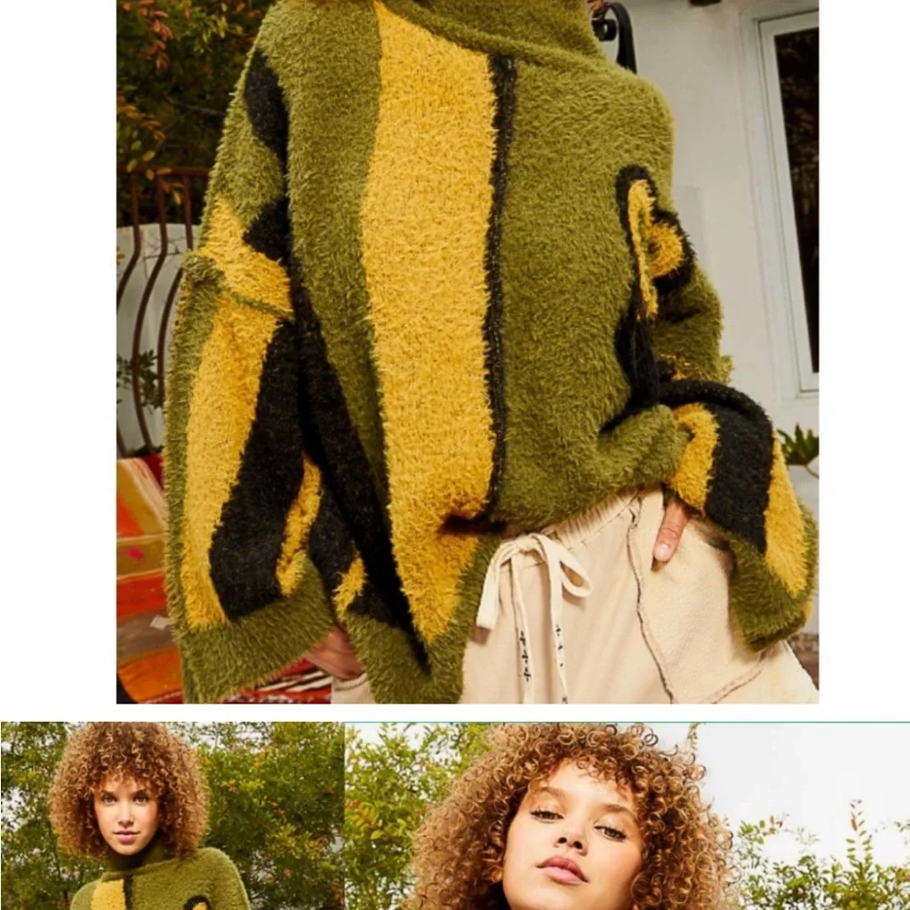 POL Green and Black Color Block Cowl Turtleneck Sweater. Oversized fit (Mohair) - Picture 6 of 6